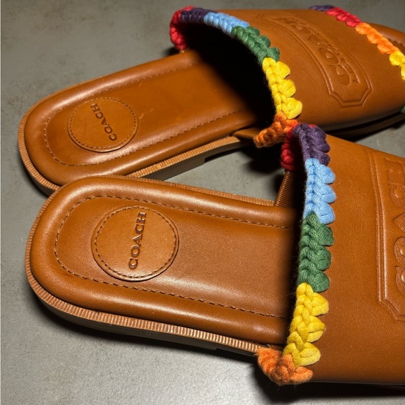 Coach Men's Pride Burnished Amber Leather Crochet Trimmed Slides, Size 10 - Picture 6 of 8